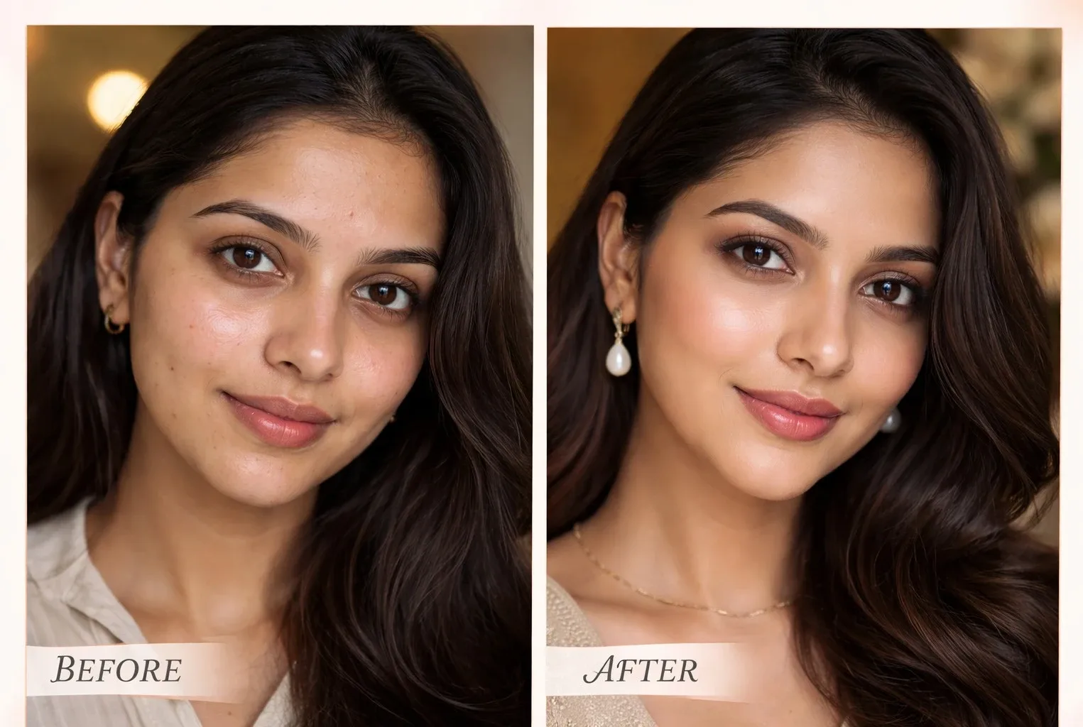 Before and after bridal skin transformation showing improved glow and texture