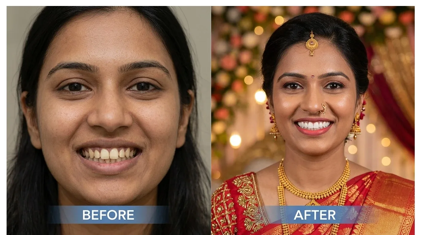 Bridal smile transformation with teeth whitening and veneers in Bangalore