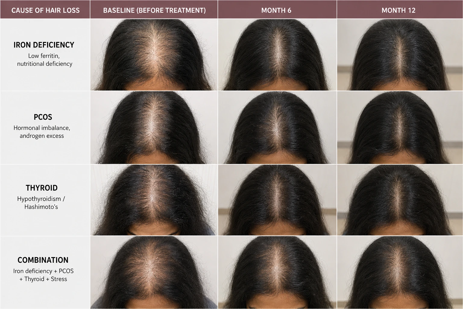 4 patients with different hair loss causes (iron deficiency, PCOS, thyroid, combination) at baseline, Month 6, and Month 12 after appropriate treatment protocols