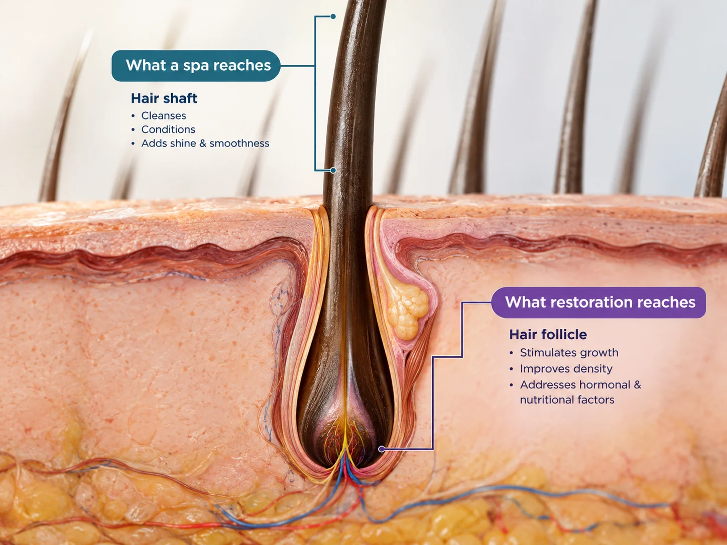 Illustration of a hair shaft above the scalp and the living hair follicle beneath the skin