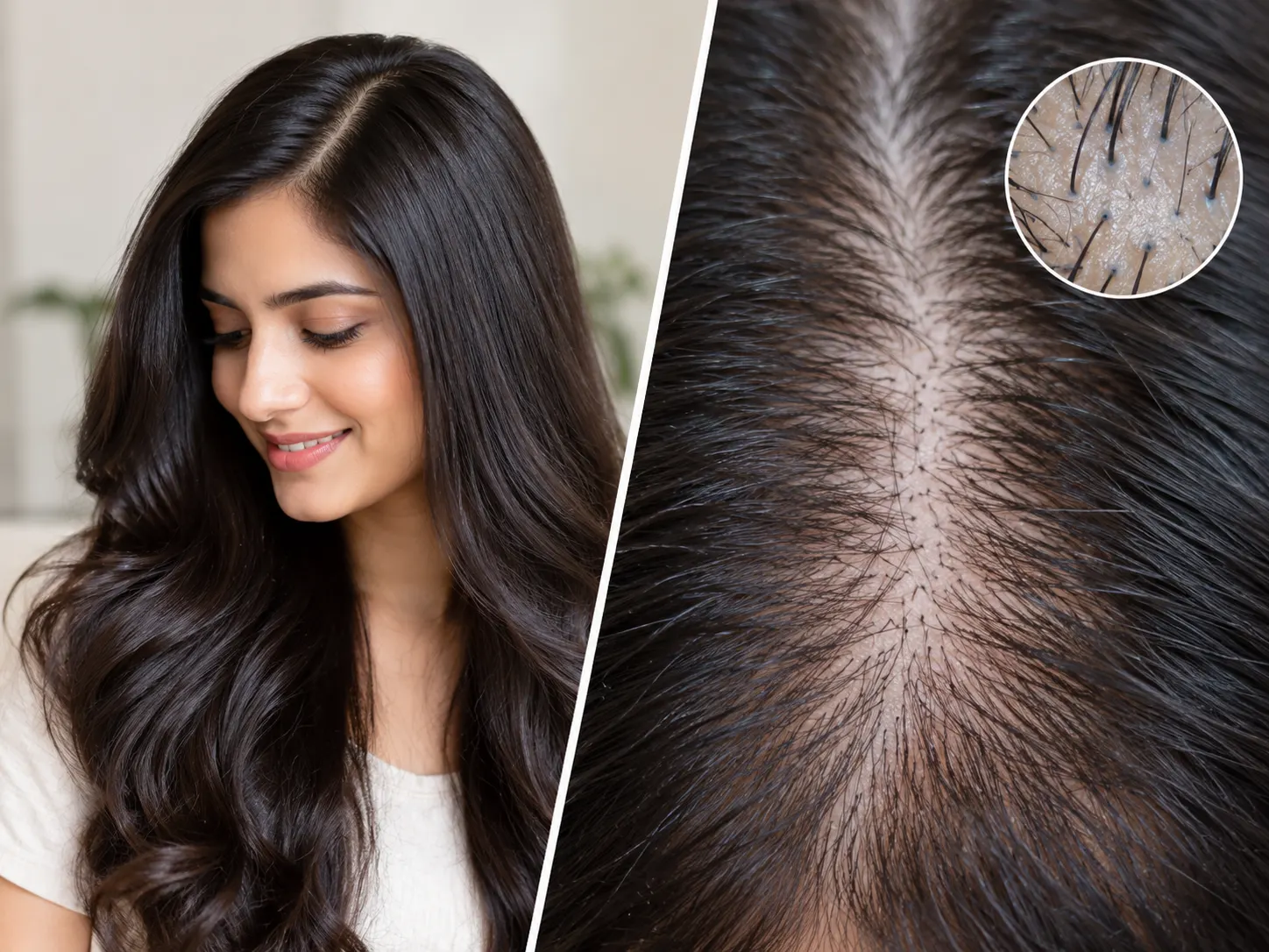 Split image comparing glossy salon-finished hair with a magnified view of a thinning scalp