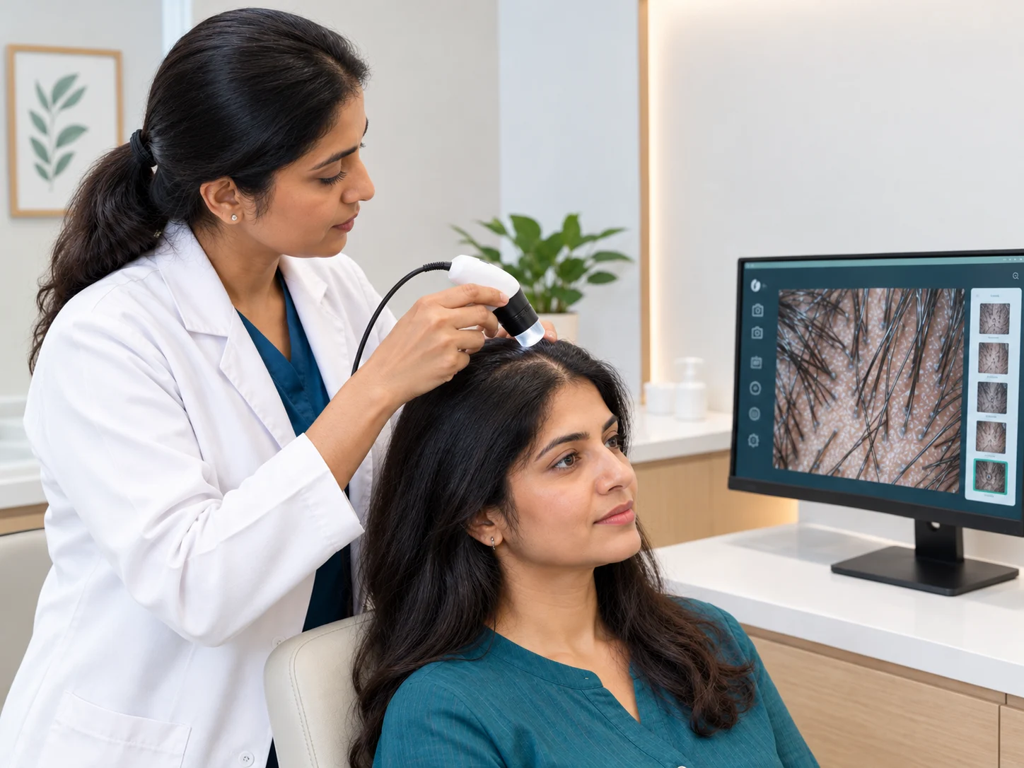 Clinician performing a trichoscopy scalp analysis on a patient at a hair clinic in Bangalore